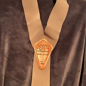 Perry Men's Tan  Leather Y-Back Adjustable Clip Suspenders Vintage‎ Style